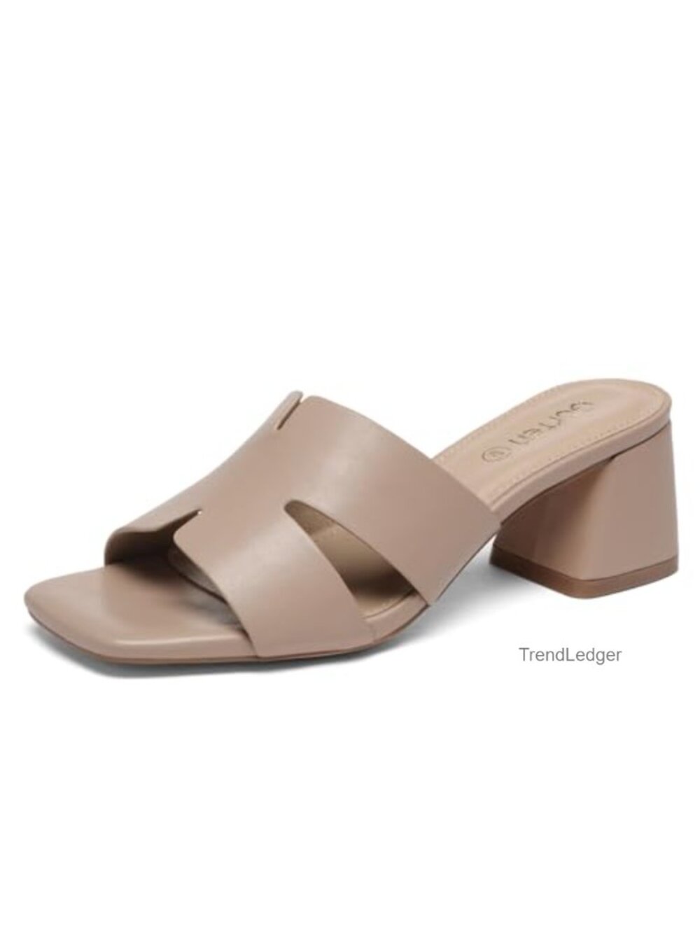 Square Open Toe Low Block Heel Slide Sandals PU Leather Comfortable Casual
